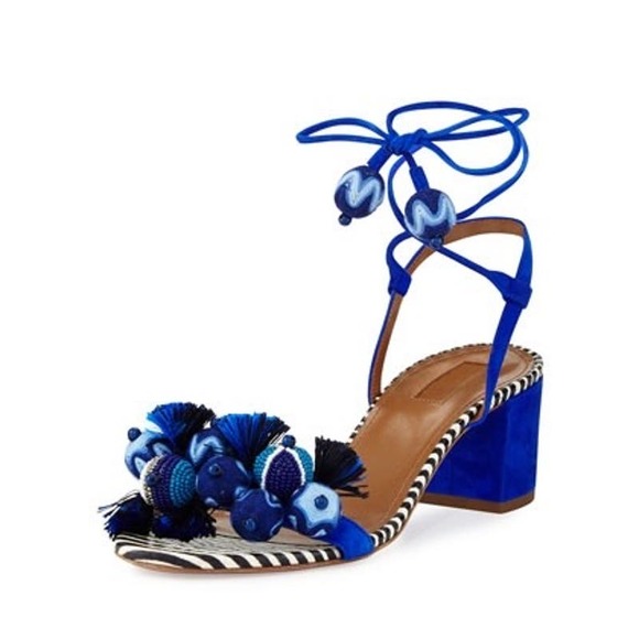 Aquazzura Shoes - Aquazzura Tropicana Appliqued Beaded Tassel Heeled Blue Suede Sandals Size 7.5
